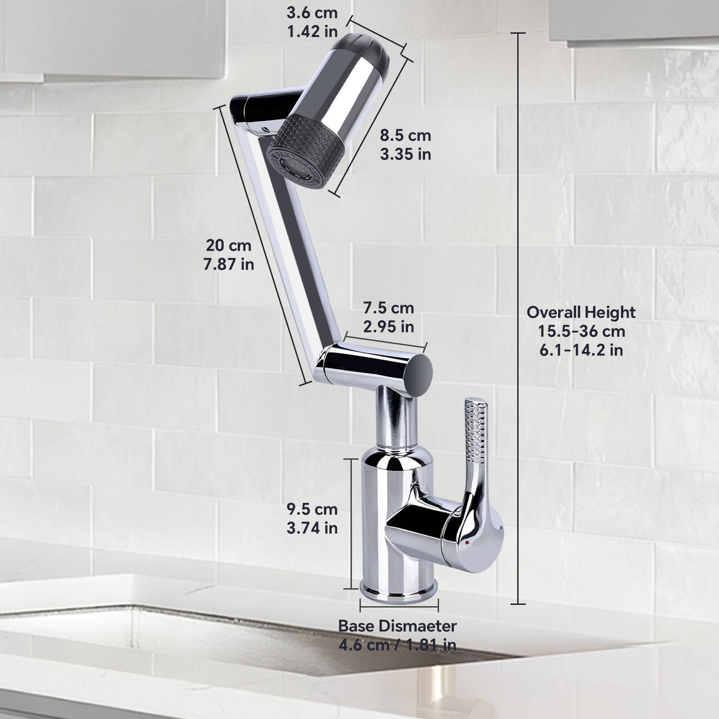 Chrome kitchen faucet with measurements on a tiled wall background