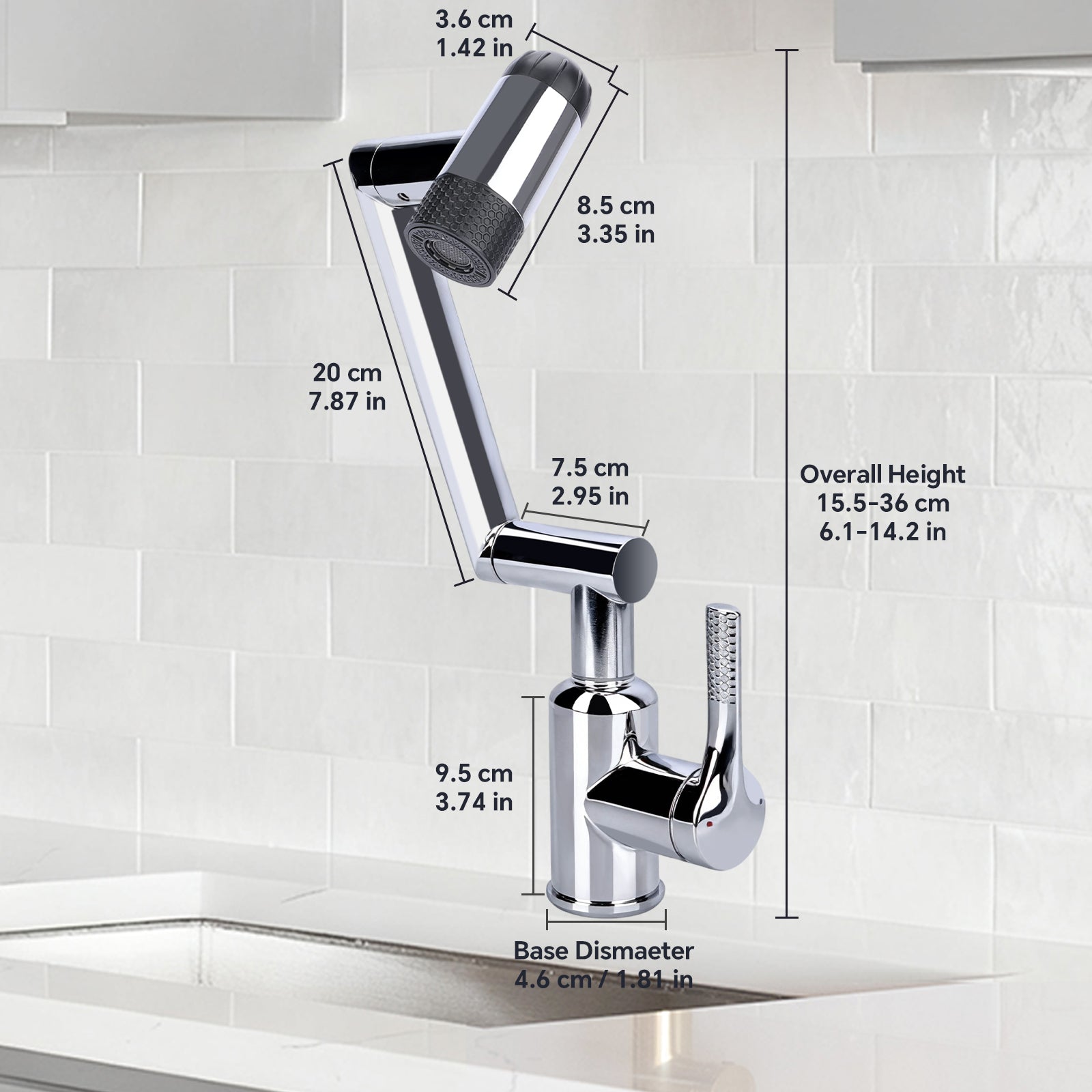 Chrome kitchen faucet with measurements on a tiled wall background