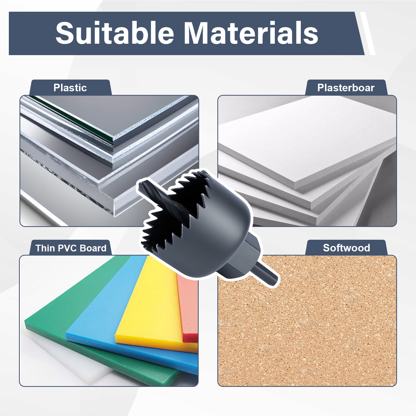 Suitable materials for a tool or device, including plastic, plasterboard, thin PVC board, and softwood.