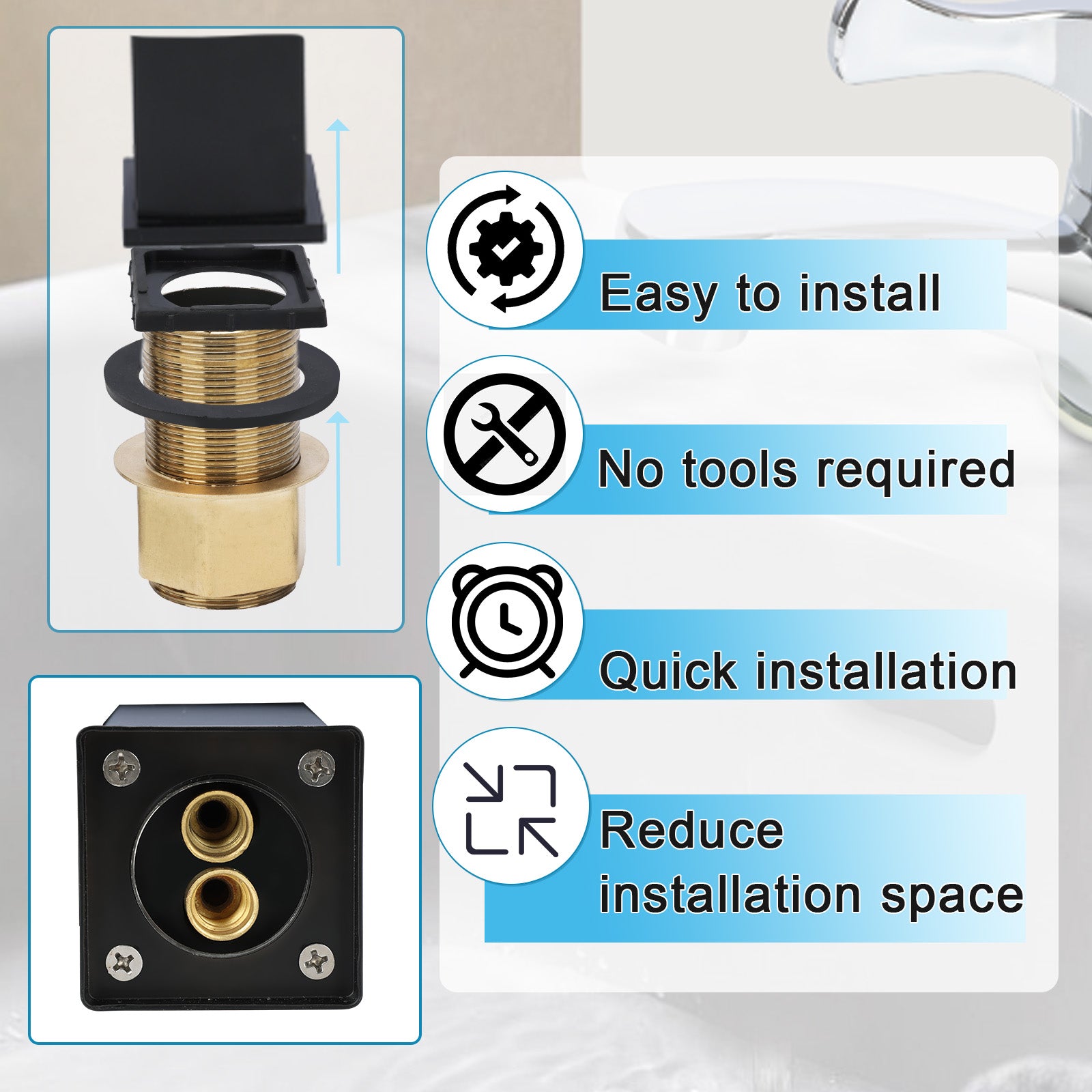 Bathroom faucet cartridge with installation features on a white background