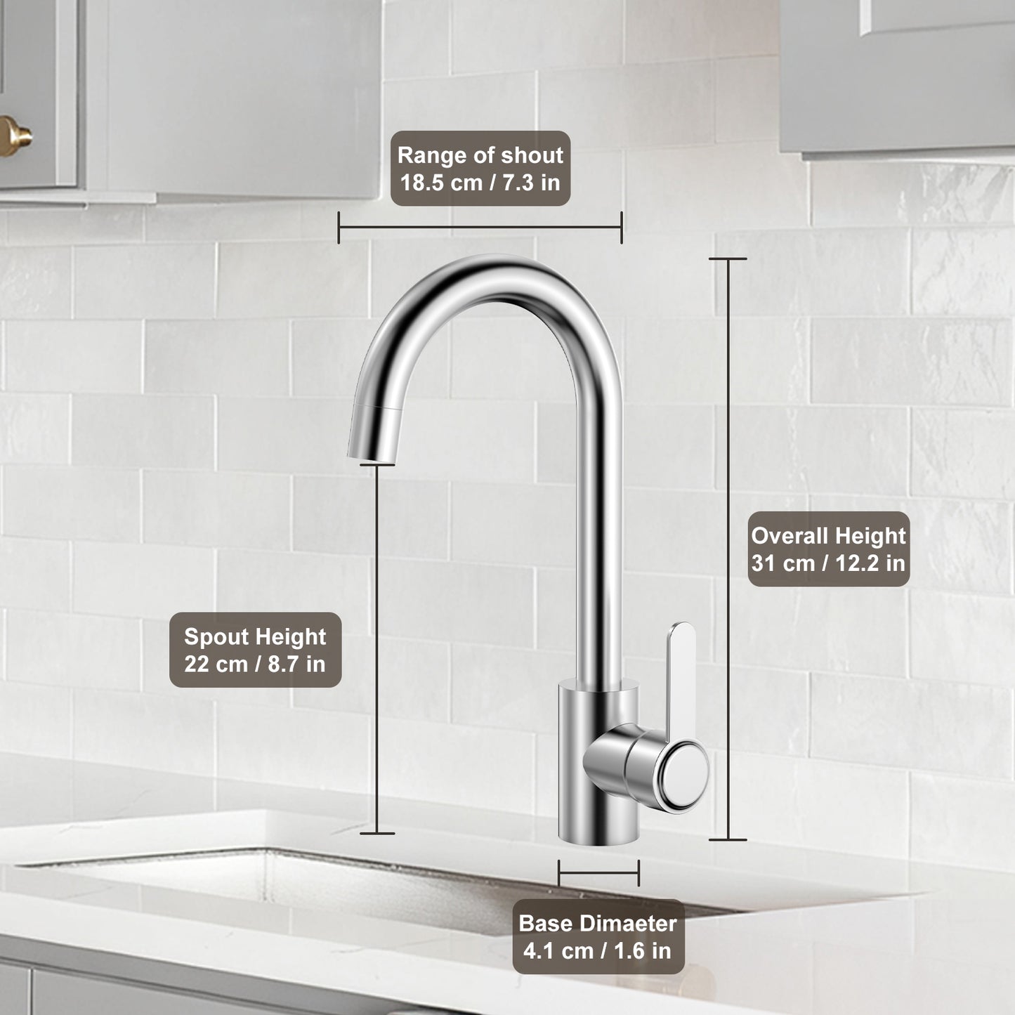 Chrome kitchen faucet with measurements on a tiled wall background