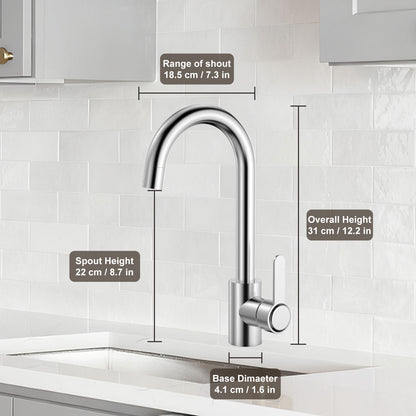 Chrome kitchen faucet with measurements on a tiled wall background