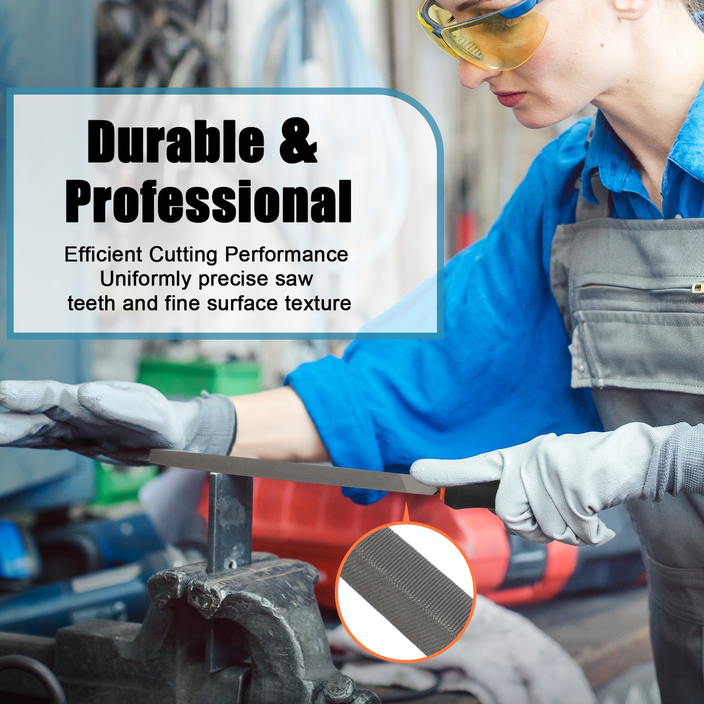 Person using a saw with text highlighting durable and professional cutting performance.