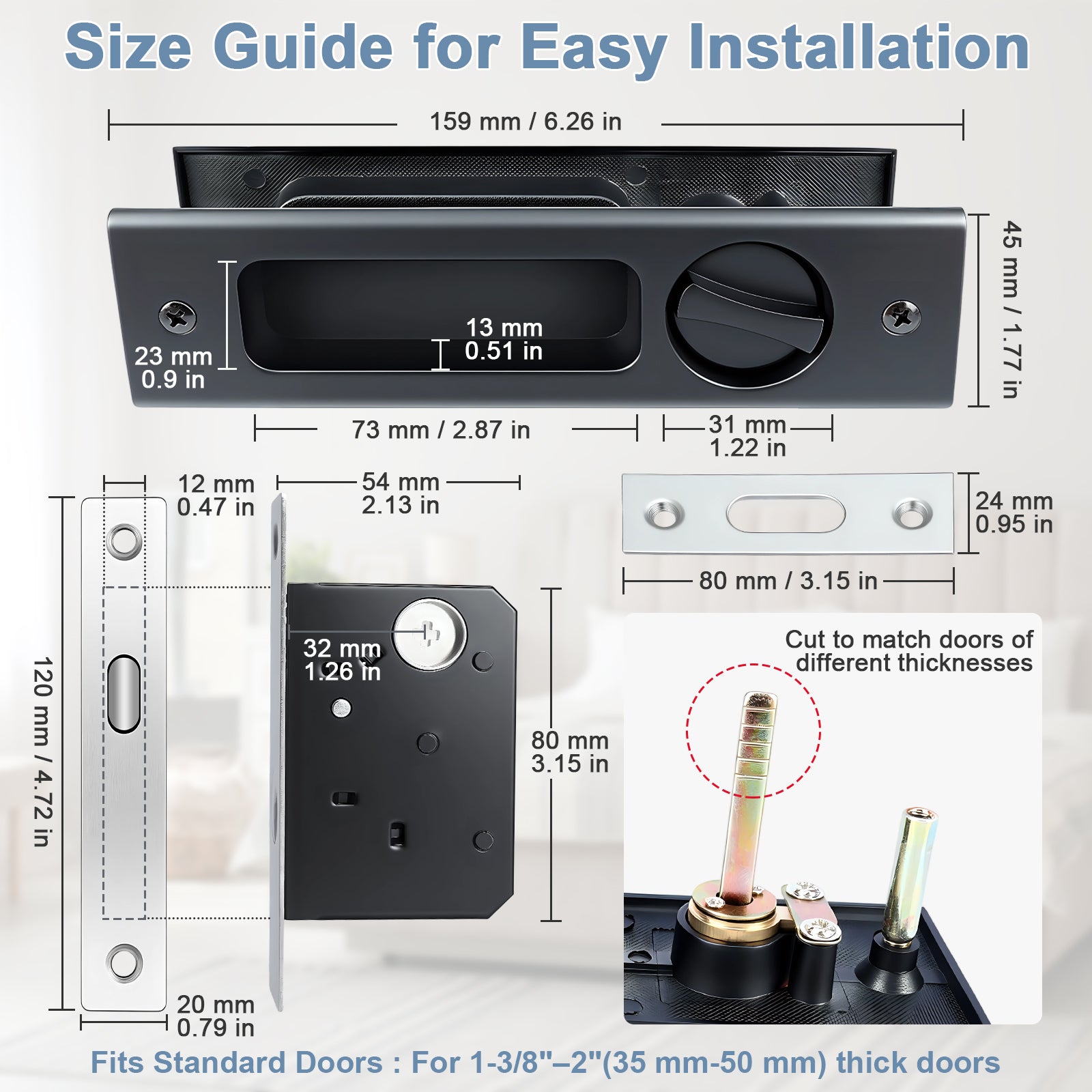 Size guide for a door lock mechanism with dimensions and installation instructions.