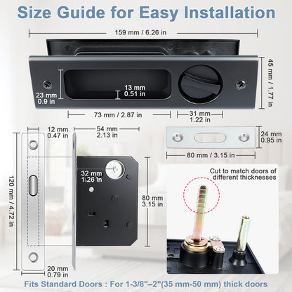 Size guide for a door lock mechanism with dimensions and installation instructions.