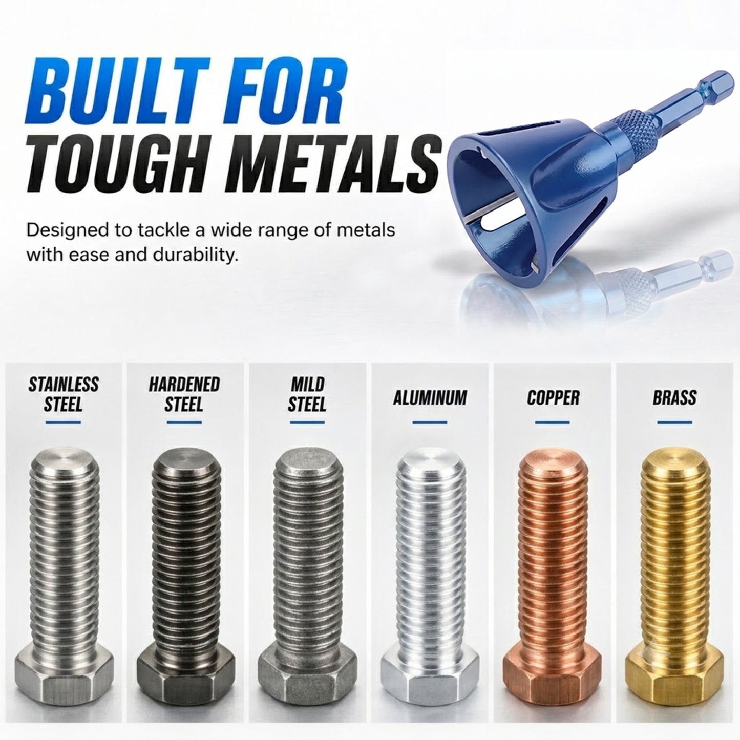 A blue metal threading tool shown on a white background with marketing text reading 'BUILT FOR TOUGH METALS' and six labeled sample threads below: stainless steel, hardened steel, mild steel, aluminum, copper, and brass.