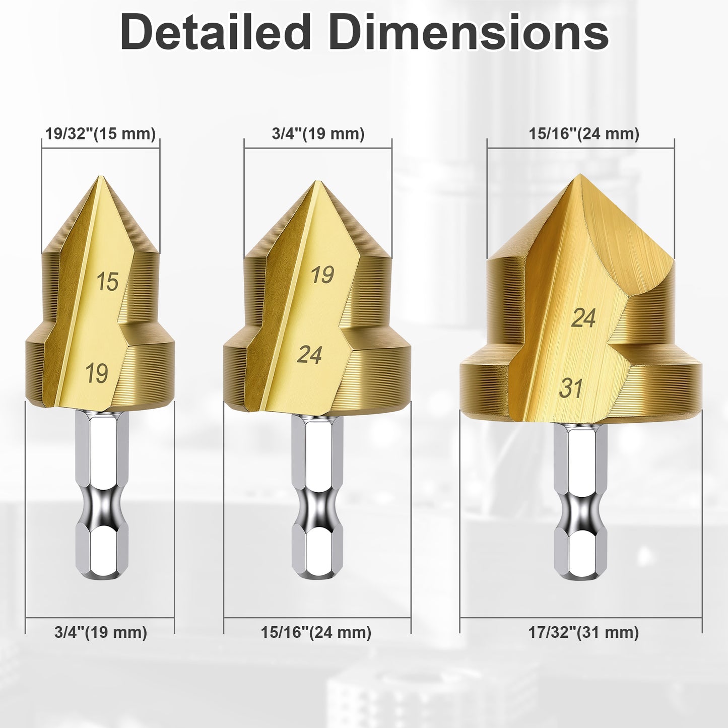 Three gold drill bits with measurements on a white background