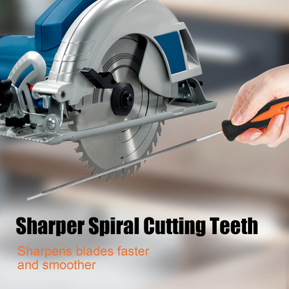 Circular saw with a hand holding a screwdriver, emphasizing sharper spiral cutting teeth.