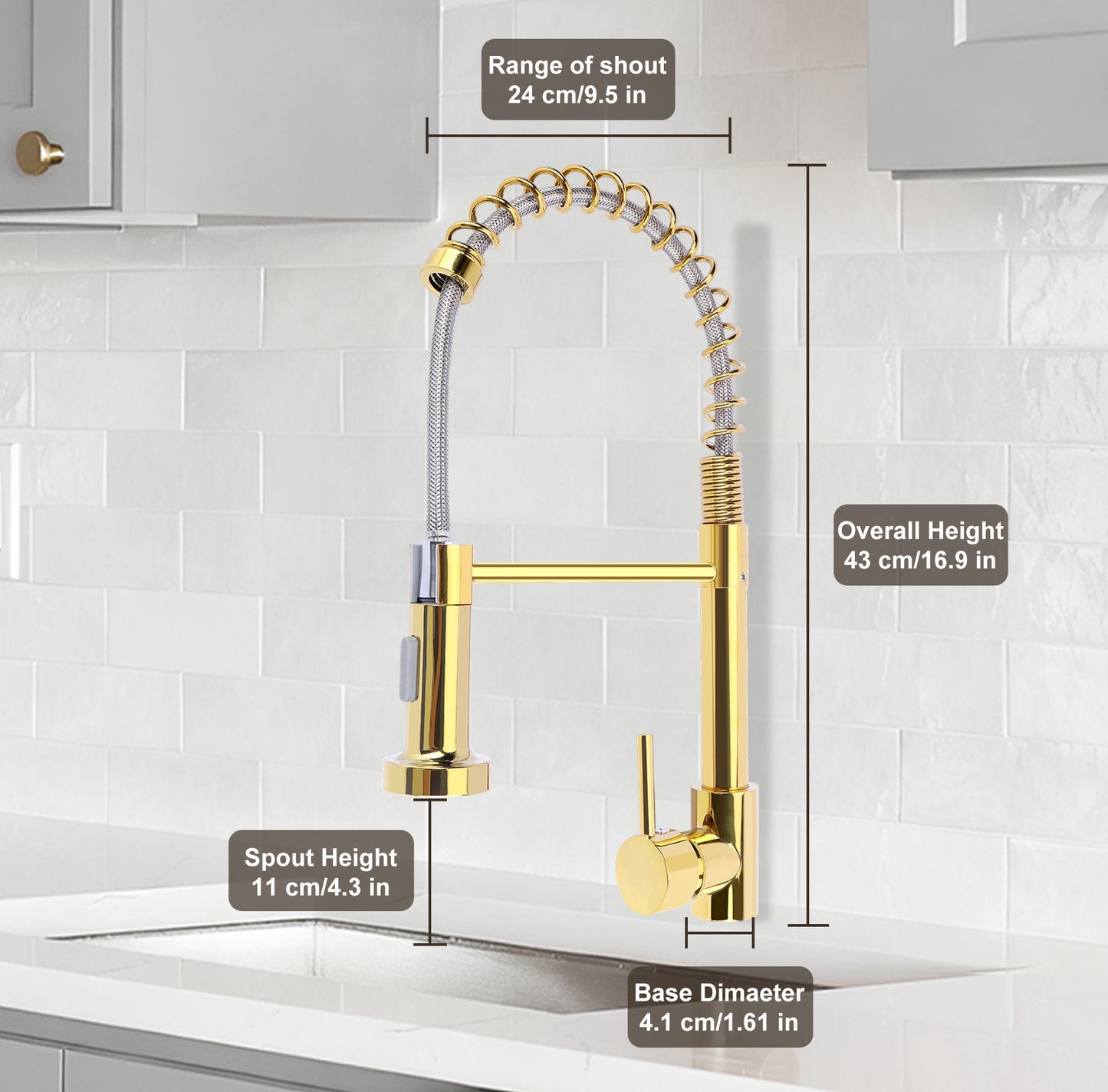 Gold kitchen faucet with measurements on a white tiled wall background