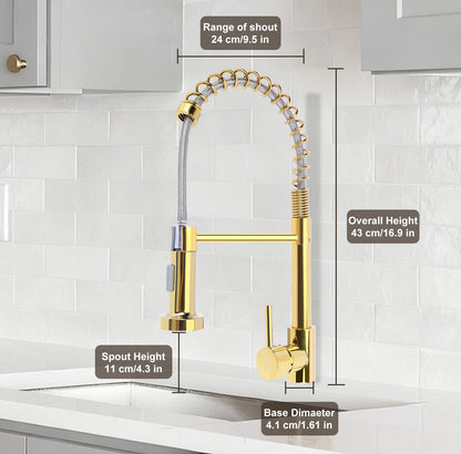 Gold kitchen faucet with measurements on a white tiled wall background