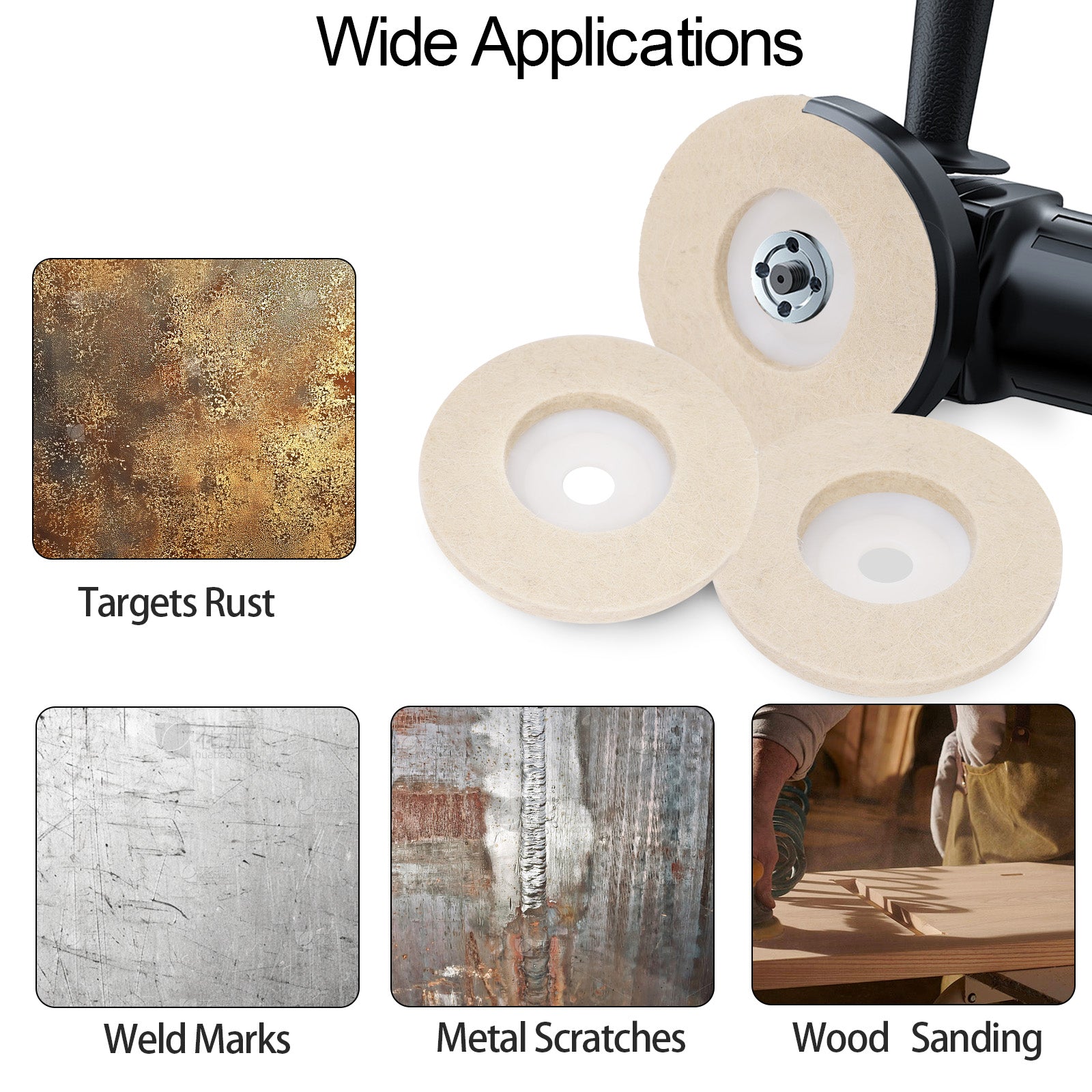 Polishing wheel with applications for rust removal, weld marks, metal scratches, and wood sanding.
