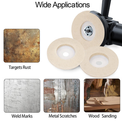 Polishing wheel with applications for rust removal, weld marks, metal scratches, and wood sanding.