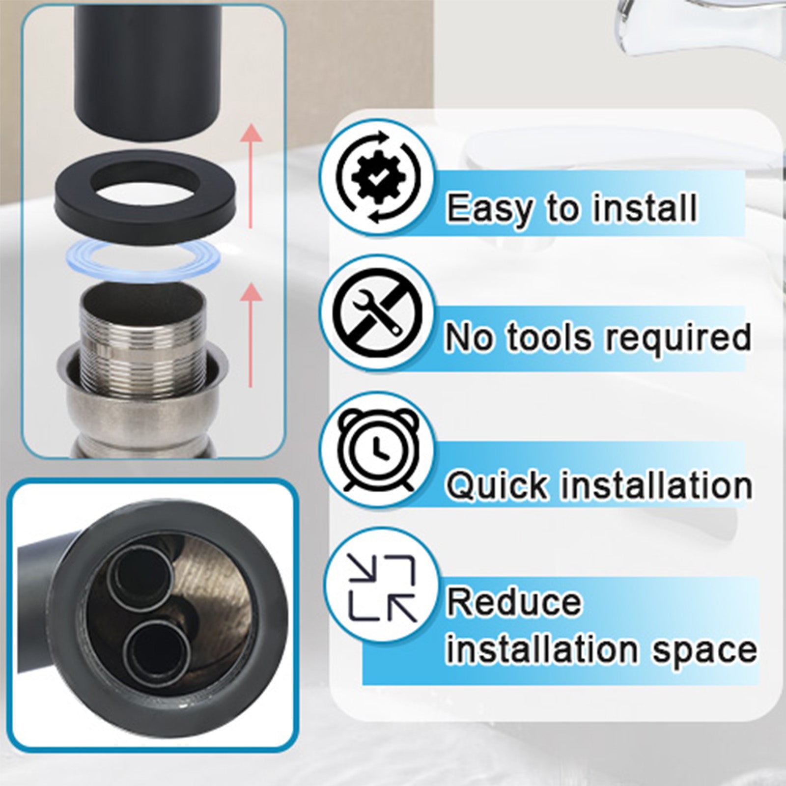 Product installation guide with text 'Easy to install, No tools required, Quick installation, Reduce installation space' on a white background.
