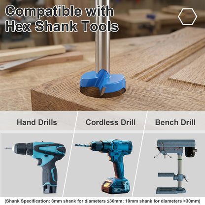 Tungsten Forstner Drill Bit - Compatible with Hand Drills, Cordless Drills & Bench Drill Presses, Hex Shank for Woodworking