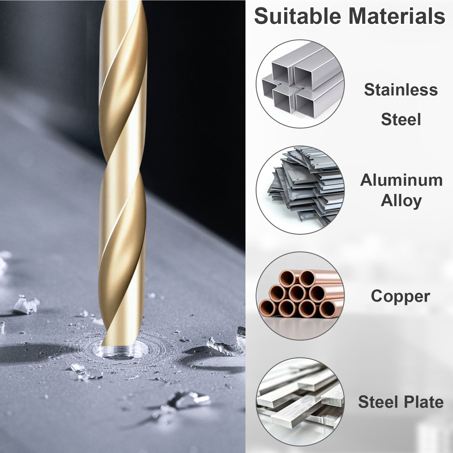 Gold drill bit on a gray background with material compatibility icons.