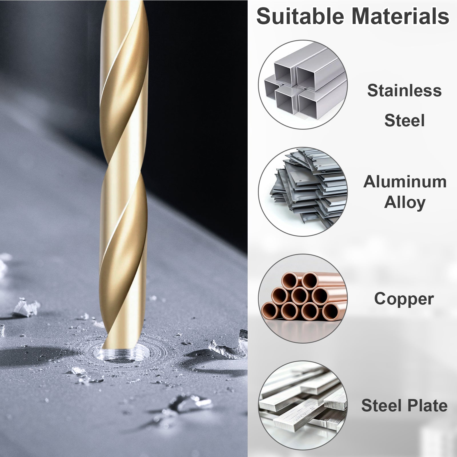 Gold drill bit on a gray background with material compatibility icons.