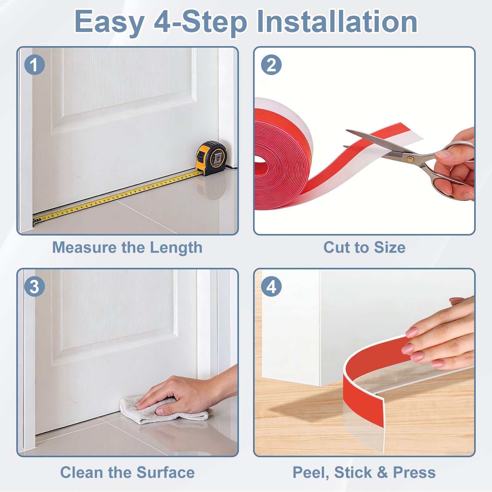 Step-by-step installation guide for a product with measurements, cutting, cleaning, and application steps.
