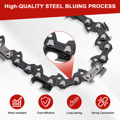 A black steel chainsaw chain with silver ball bearings and a circular inset showing a close-up of the ball bearing detail. The image includes a red header reading 'High-QUALITY STEEL BLUING PROCESS' and four red circular icons at the bottom with text 'Wear-resistant', 'Cost-effective', 'Long-lasting', and 'String Connection'.