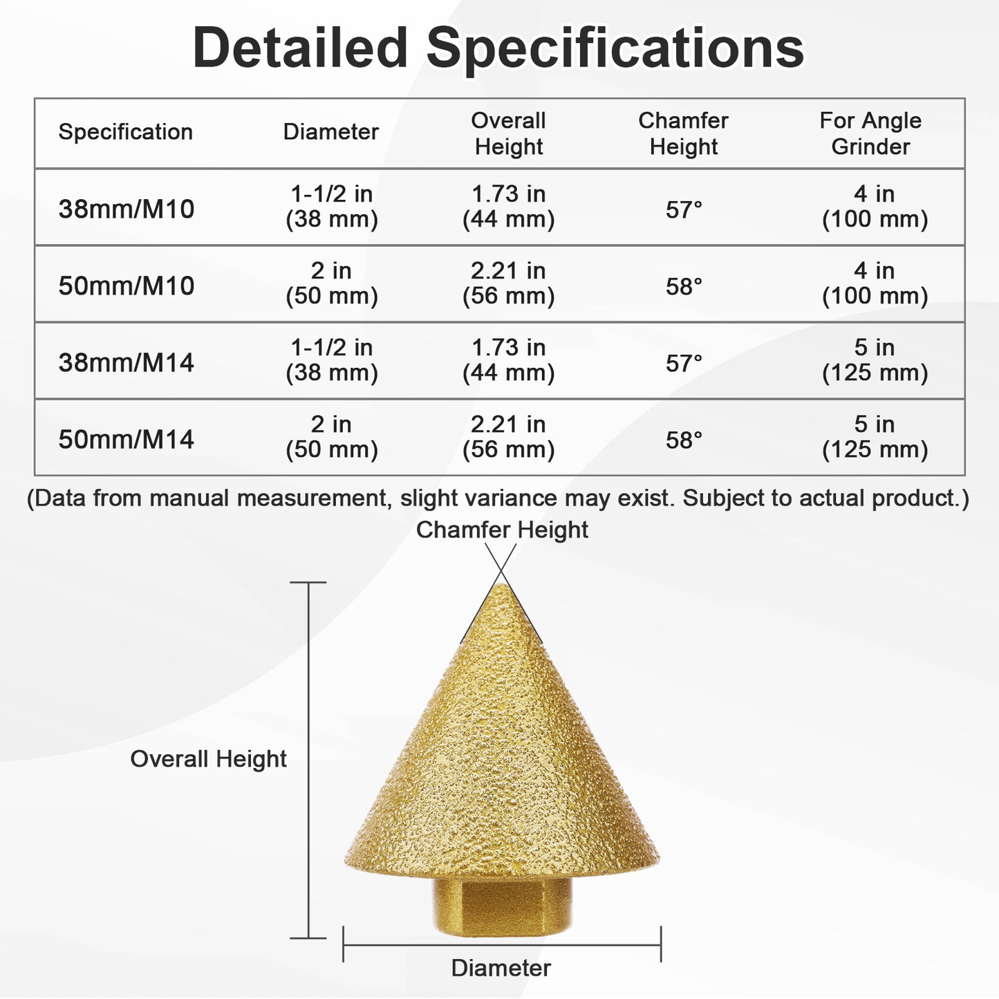 Diamond Chamfer Bit Sizes: 38/50mm, M10/M14, for Tile, Marble, Granite, Quartz