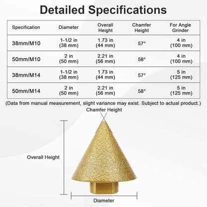 Diamond Chamfer Bit Sizes: 38/50mm, M10/M14, for Tile, Marble, Granite, Quartz