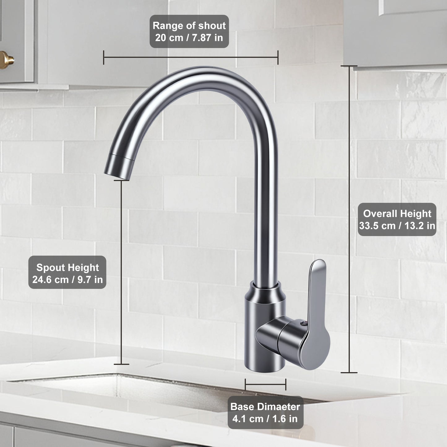Chrome kitchen faucet with dimensions labeled on a tiled wall background