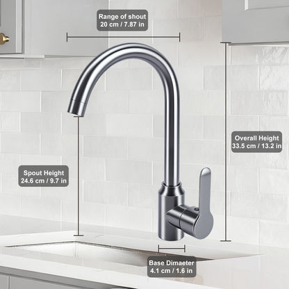 Chrome kitchen faucet with dimensions labeled on a tiled wall background