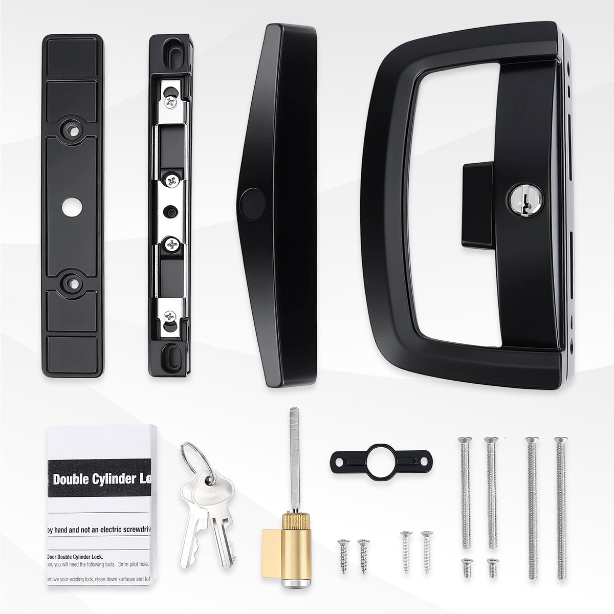 A double cylinder door lock set with black hardware components, a brass cylinder lock, silver screws, keys, and a small instruction card, arranged on a light gray background.