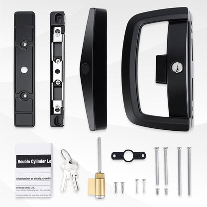 A double cylinder door lock set with black hardware components, a brass cylinder lock, silver screws, keys, and a small instruction card, arranged on a light gray background.