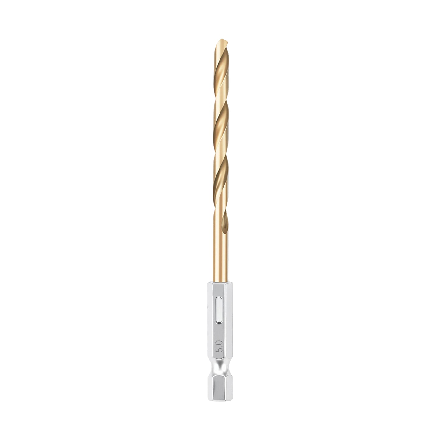 Drill bit with a gold shank on a white background