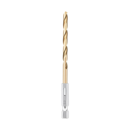 Drill bit with a gold shank on a white background