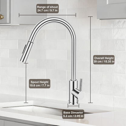 Kitchen faucet with measurements displayed on a tiled wall background