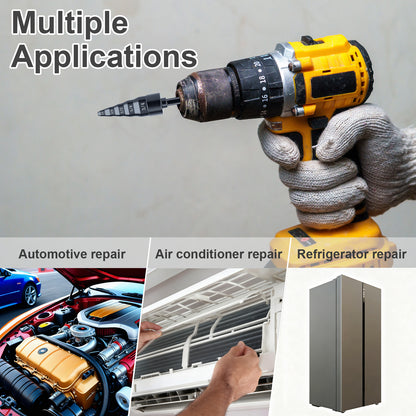 Hand holding a drill with applications for automotive, air conditioner, and refrigerator repair.