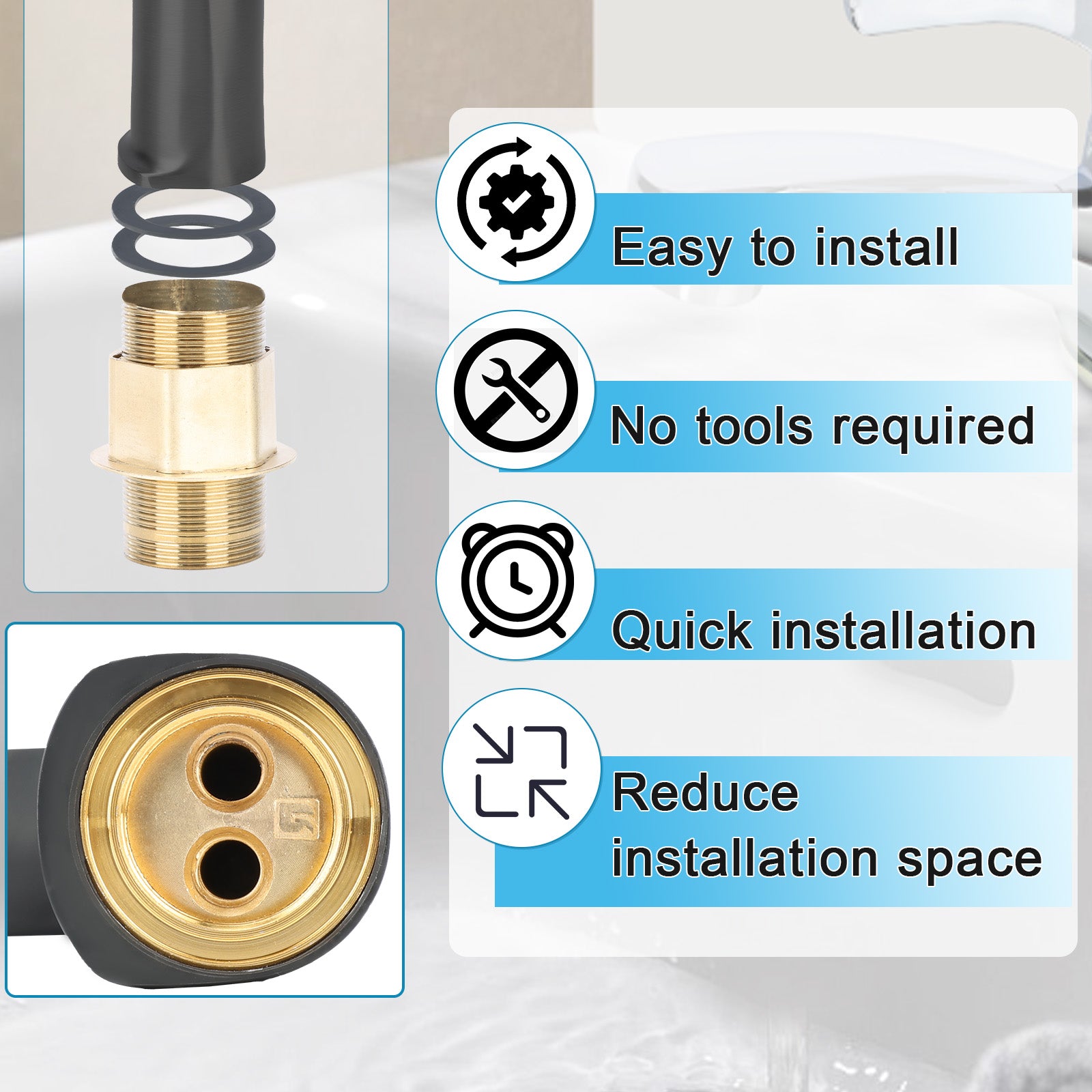 Plumbing components with installation features and tools on a white background