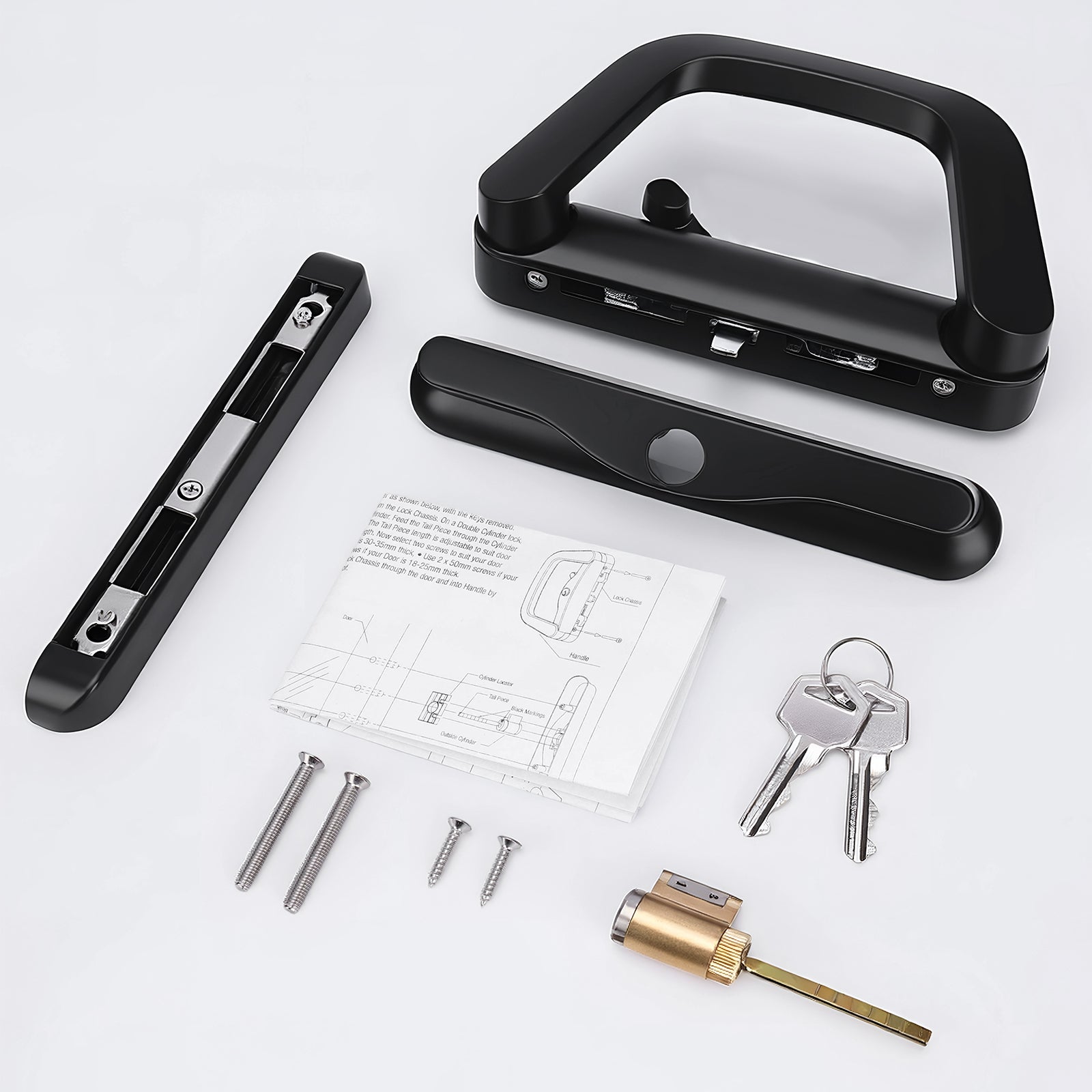 A lockset hardware kit laid out on a white background, including a black handle frame, black trim pieces, mounting hardware, two keys, a brass lock cylinder, and an instruction sheet.