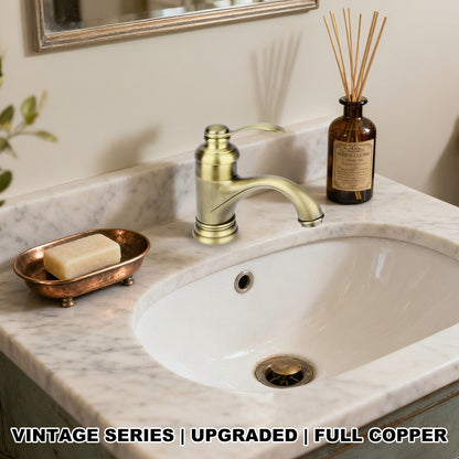 Bathroom sink with gold faucet, soap dish, and reed diffuser on marble countertop.