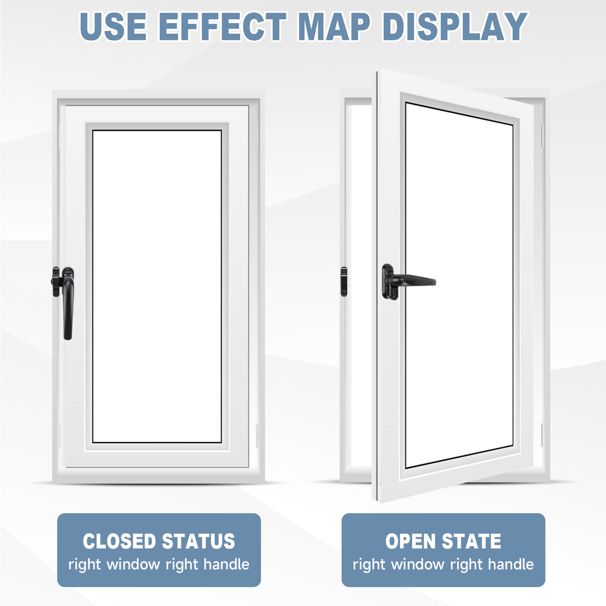 A product comparison graphic showing a white-framed window in two states: closed on the left and open on the right, with text labels 'CLOSED STATUS' and 'OPEN STATE' and the heading 'USE EFFECT MAP DISPLAY'.
