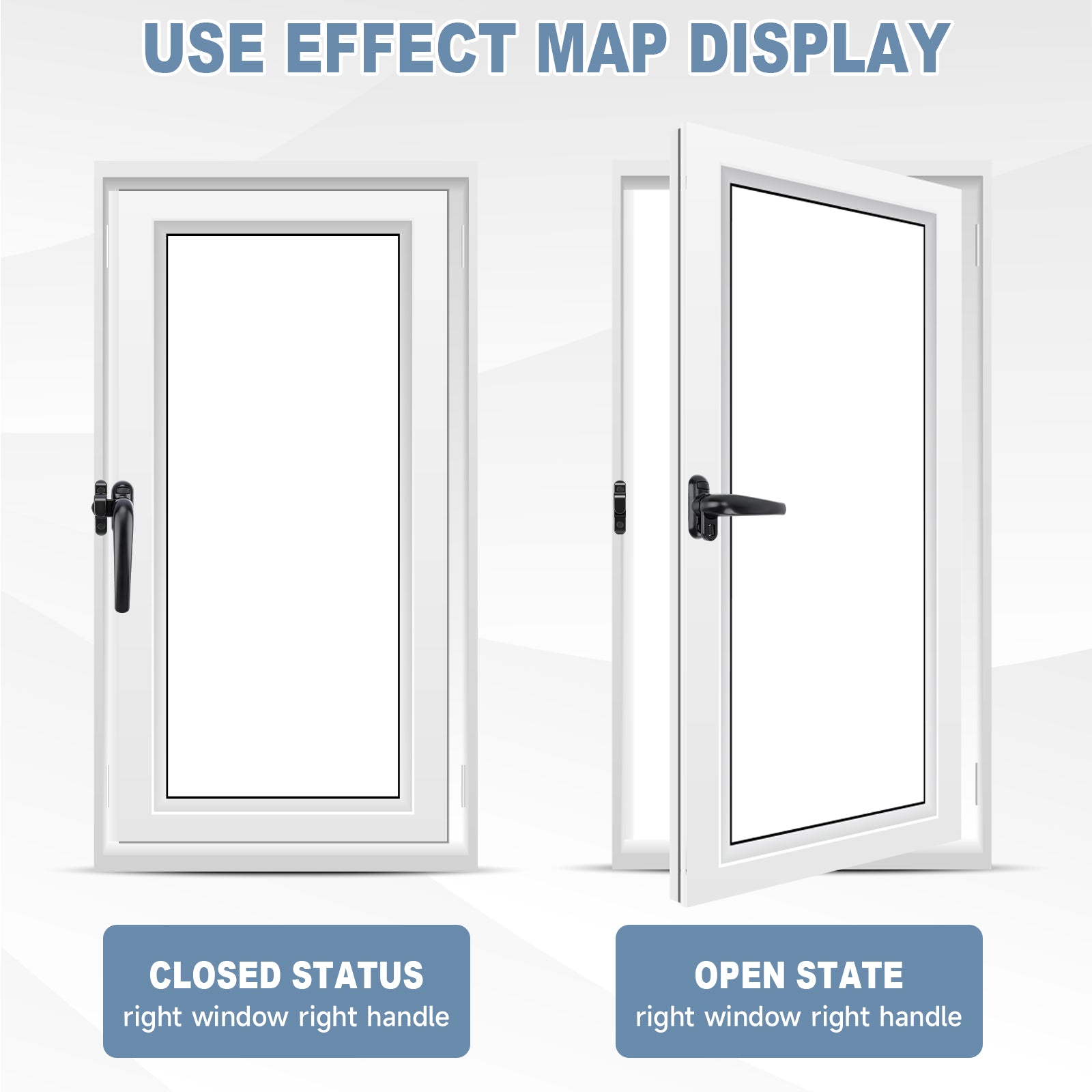 A product comparison graphic showing a white-framed window in two states: closed on the left and open on the right, with text labels 'CLOSED STATUS' and 'OPEN STATE' and the heading 'USE EFFECT MAP DISPLAY'.