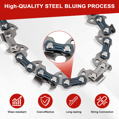 A chainsaw chain with dark blue-gray coated links and silver metal teeth, shown on a white background with a red header reading 'High-QUALITY STEEL BLUING PROCESS' and four feature icons below.