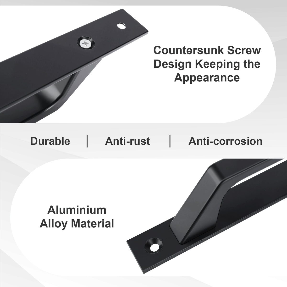Black metal wall bracket shown in two close-up views with text callouts reading 'Countersunk Screw Design Keeping the Appearance,' 'Durable | Anti-rust | Anti-corrosion,' and 'Aluminium Alloy Material.'.
