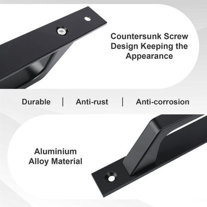 Black metal wall bracket shown in two close-up views with text callouts reading 'Countersunk Screw Design Keeping the Appearance,' 'Durable | Anti-rust | Anti-corrosion,' and 'Aluminium Alloy Material.'.