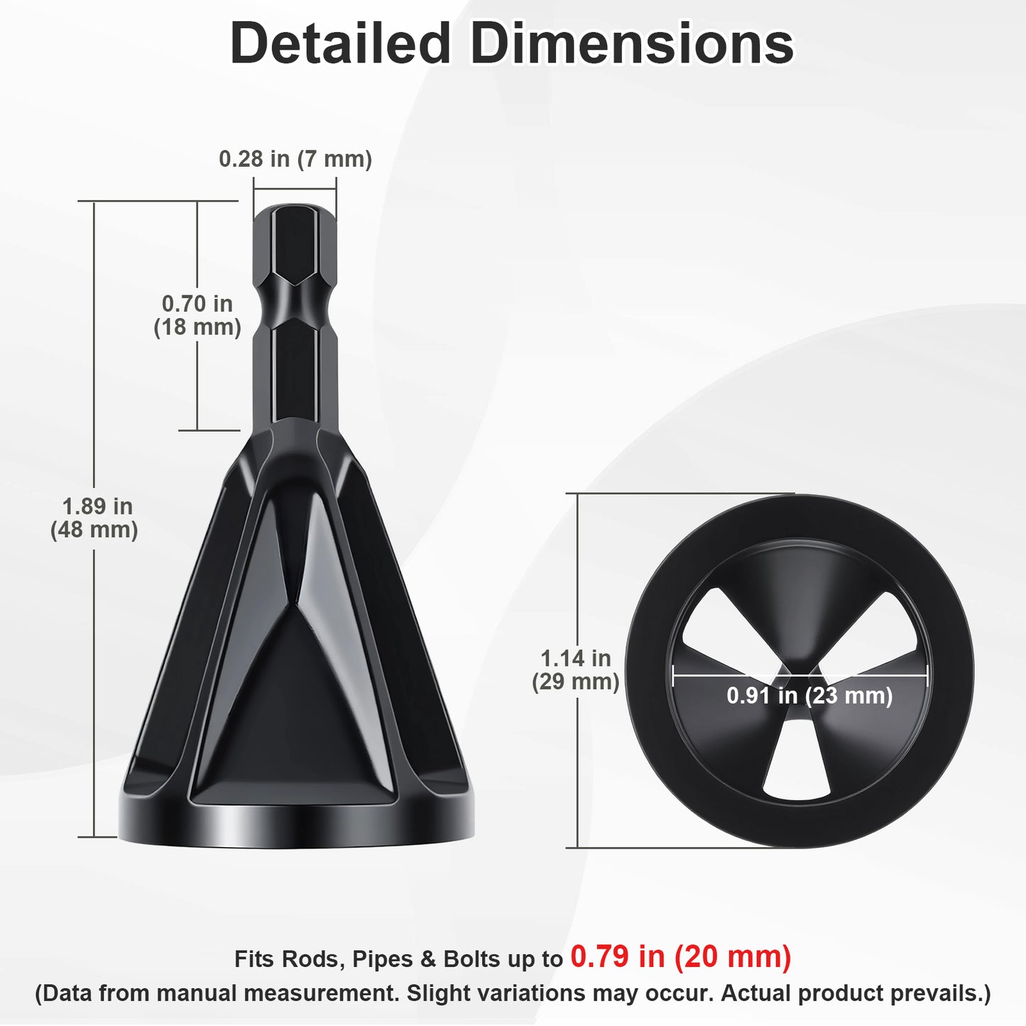 Detailed dimensions diagram of a black metal pipe fitting tool, showing front and side measurements with text labels on a light gray background.