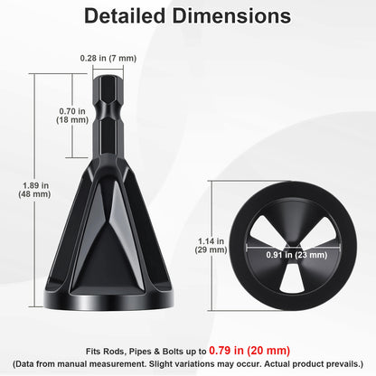 Detailed dimensions diagram of a black metal pipe fitting tool, showing front and side measurements with text labels on a light gray background.
