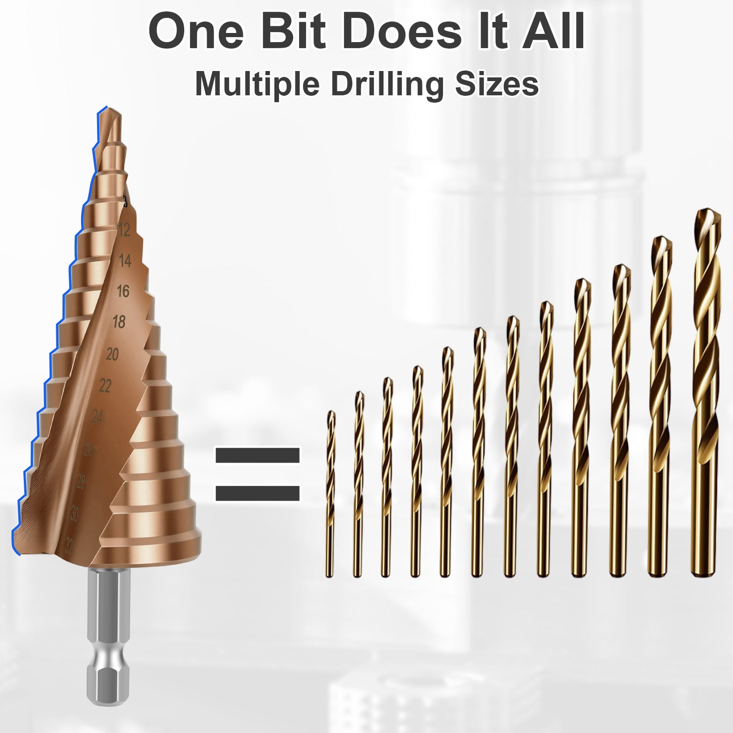 A set of copper-colored step drill bits with a silver hex shank, shown alongside text reading 'One Bit Does It All' and 'Multiple Drilling Sizes.' The main bit is illustrated on the left, with a row of progressively smaller drill bits on the right against a light gray background.