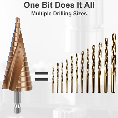 A set of copper-colored step drill bits with a silver hex shank, shown alongside text reading 'One Bit Does It All' and 'Multiple Drilling Sizes.' The main bit is illustrated on the left, with a row of progressively smaller drill bits on the right against a light gray background.