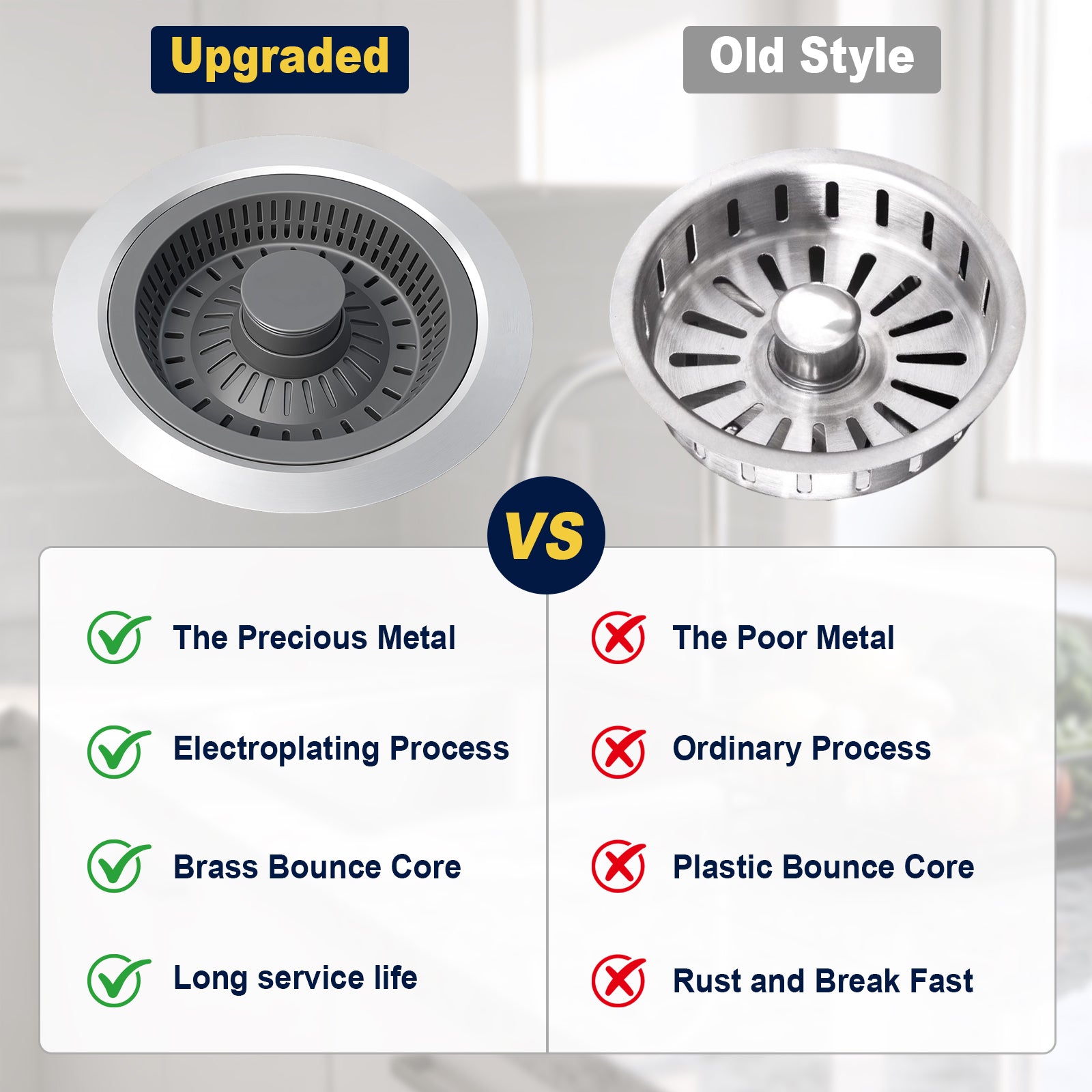 A comparison graphic showing an upgraded metal drain strainer versus an old style plastic one, with text listing benefits of the upgraded version and drawbacks of the old style.