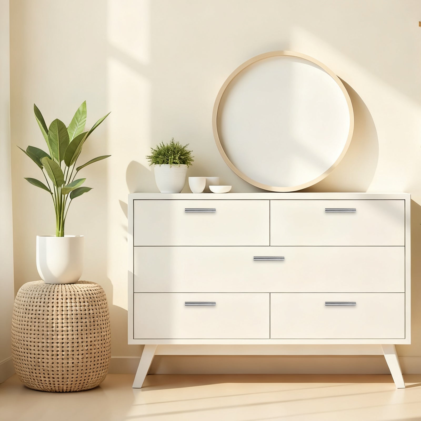 White dresser with four drawers, round mirror, and plants in a room with a neutral color scheme.