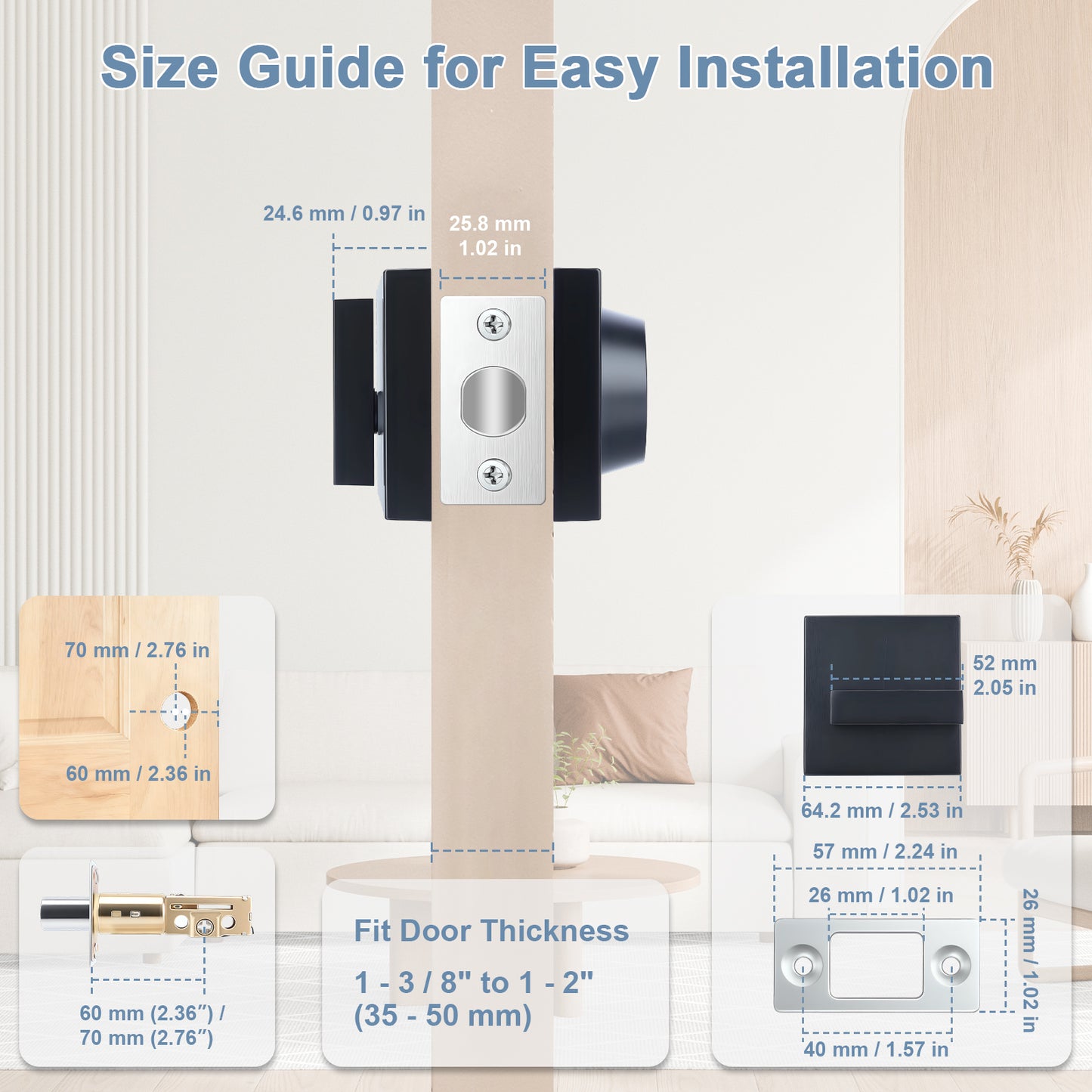 Size guide for a door handle installation on a wooden door with measurements displayed.