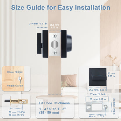 Size guide for a door handle installation on a wooden door with measurements displayed.