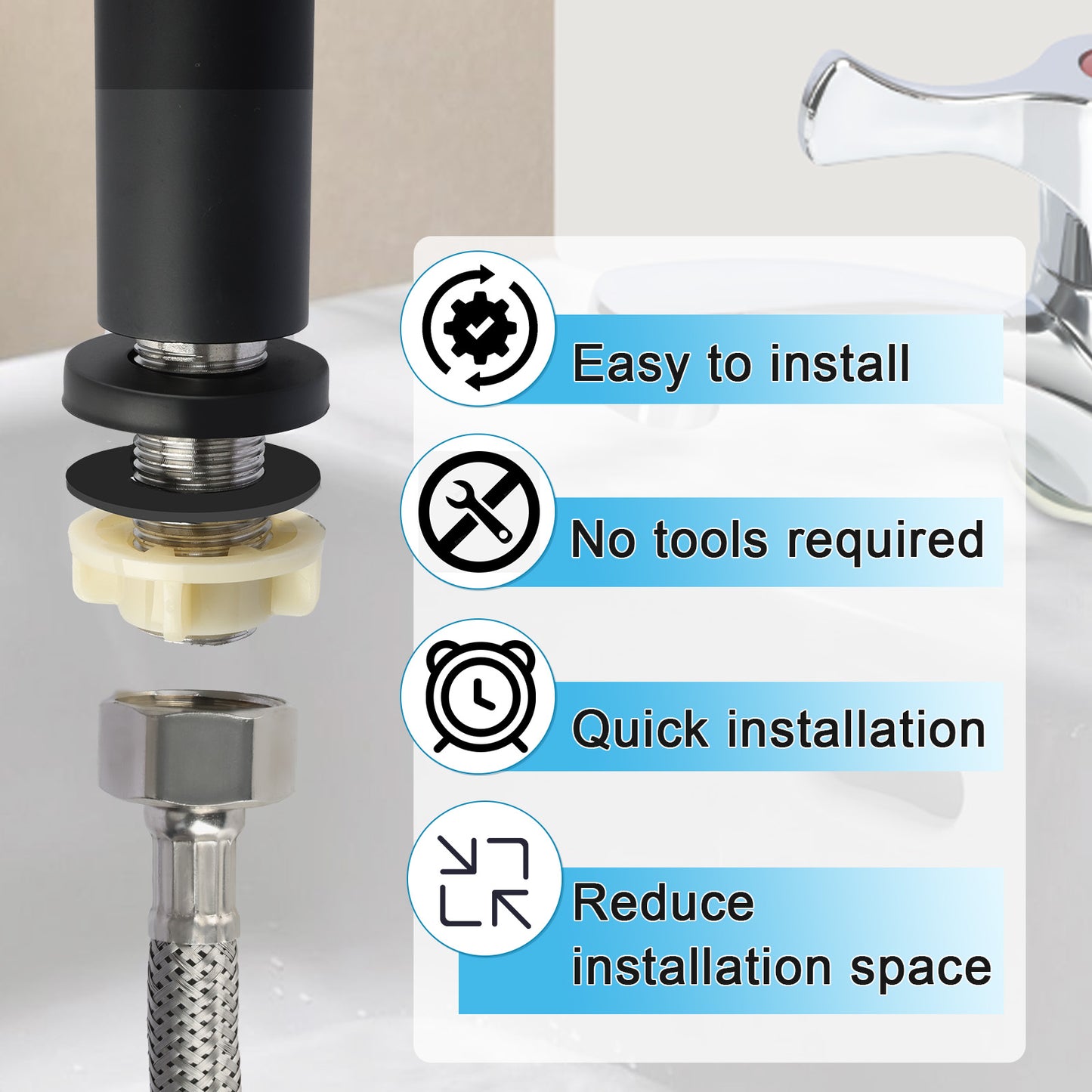 Close-up of a faucet with installation components and features text on a white background