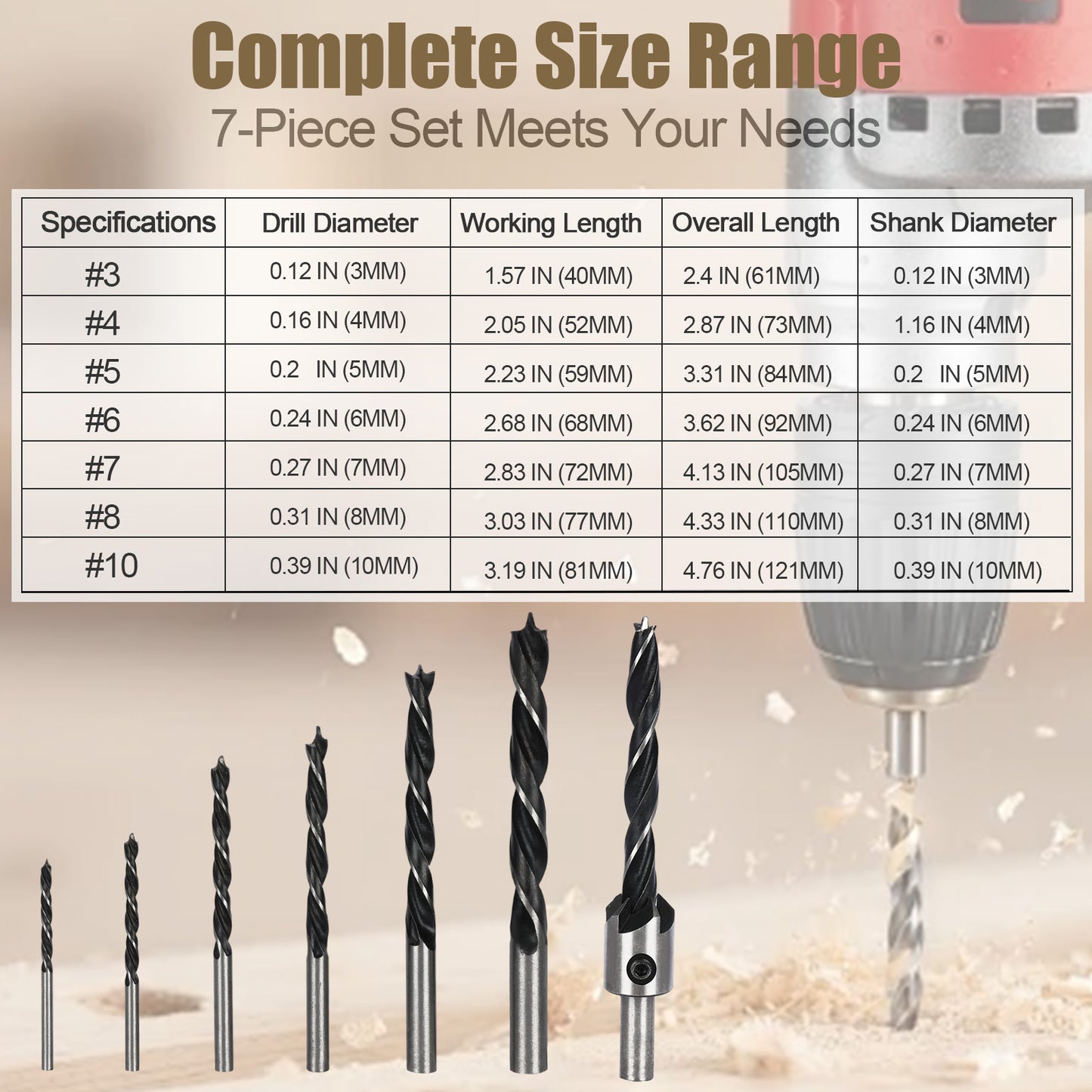 Set of drill bits with specifications table on a wooden background